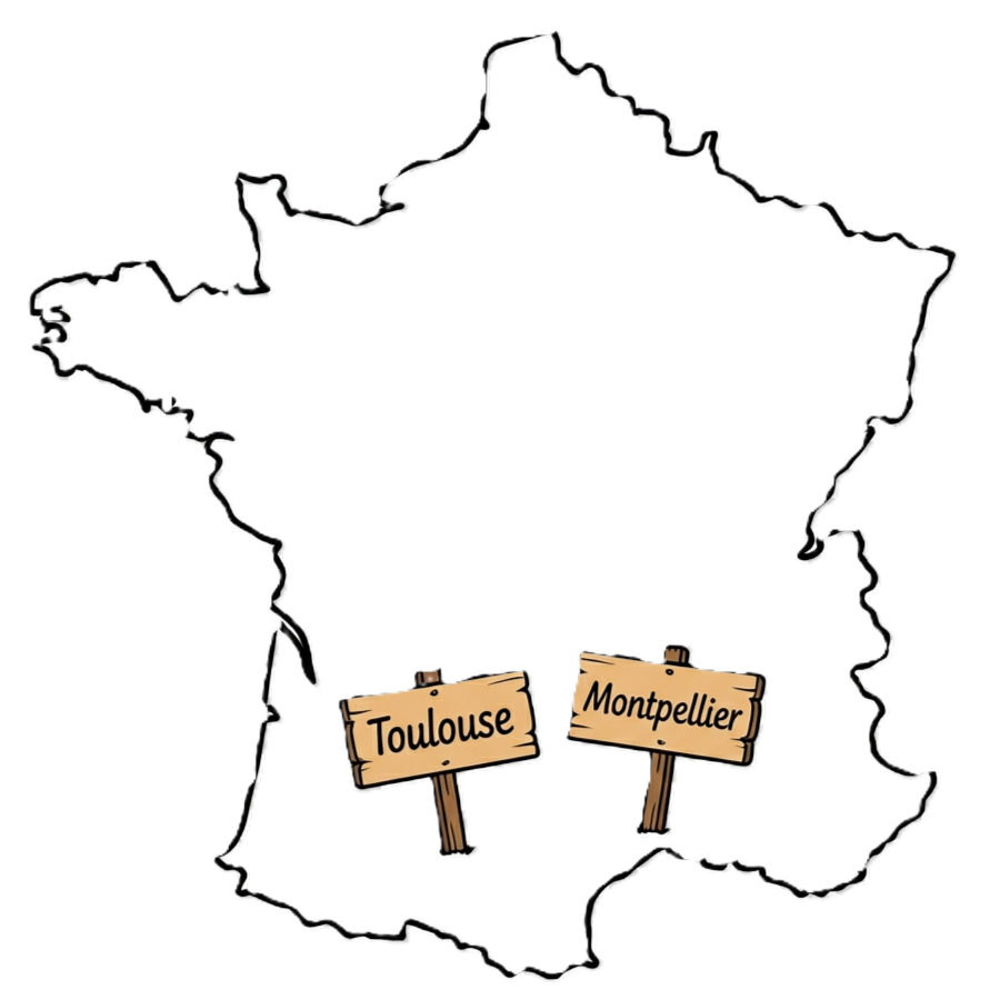 Carte de France - Localisation de Montpellier et Toulouse