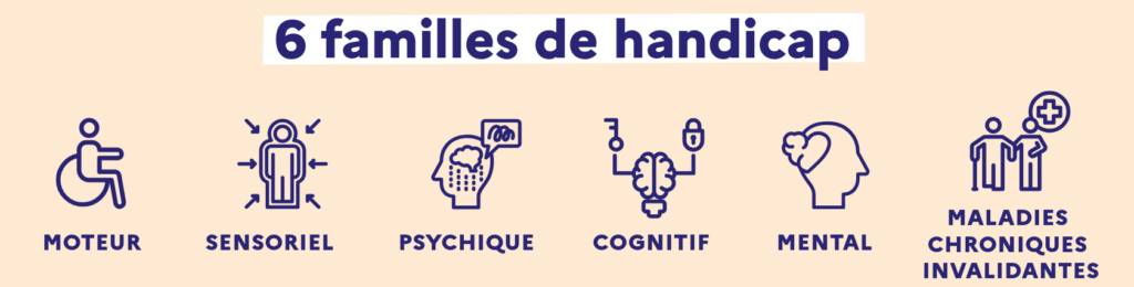 Images représentant les six familles de handicap: moteur, sensoriel, psychique, cognitif, mental et maladies chroniques invalidantes.